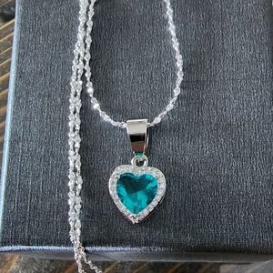 New 925 Sterling Silver Aquamarine Heart Pendant White Topaz accents necklace